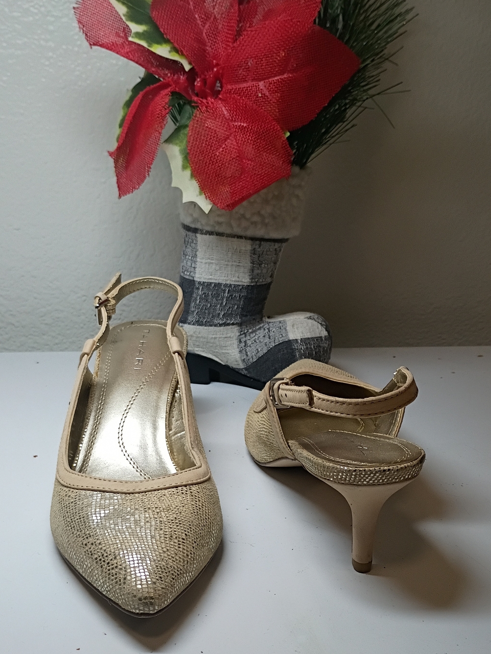 Tahari Gold-Beige Slingback Pointed Heels